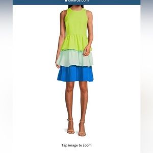 LDT Bailey Color Block Ruffle Crew Neck Sleeveless Tiered A-Line Dress